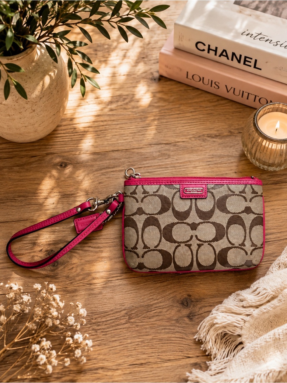 Coach  Signature Wristlet with Pink Trim 6 1/2 “ x 4